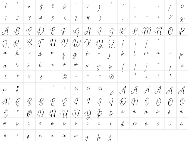 Lova Valove Regular  glyph index