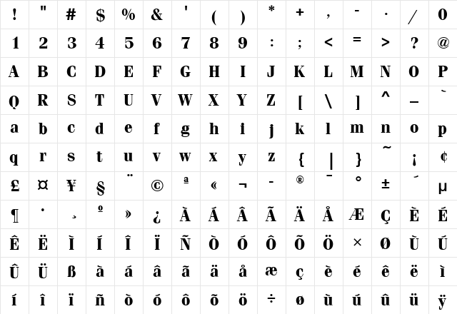FeniceLightITC Bold  glyph index