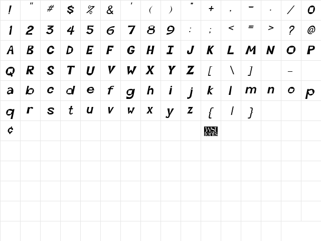Kwirky Bold Italic  glyph index