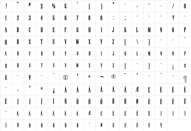 PallMallBoldTitling Roman  glyph index
