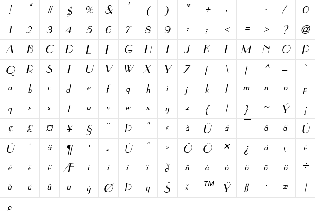 Elysee Italic  glyph index