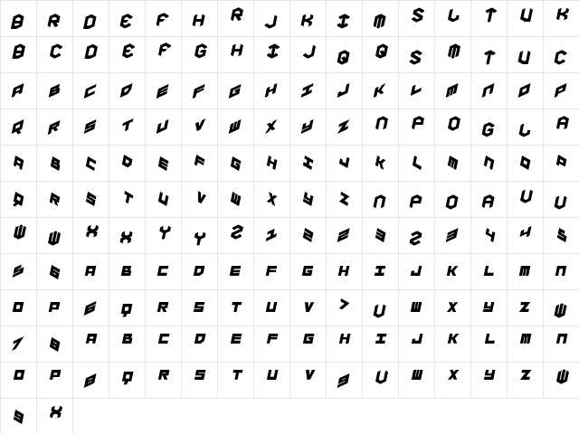 YAY USA Italic Italic  glyph index
