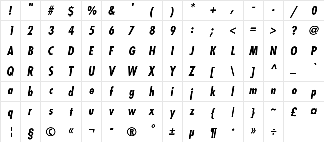 FavoritCondC Bold Italic  glyph index