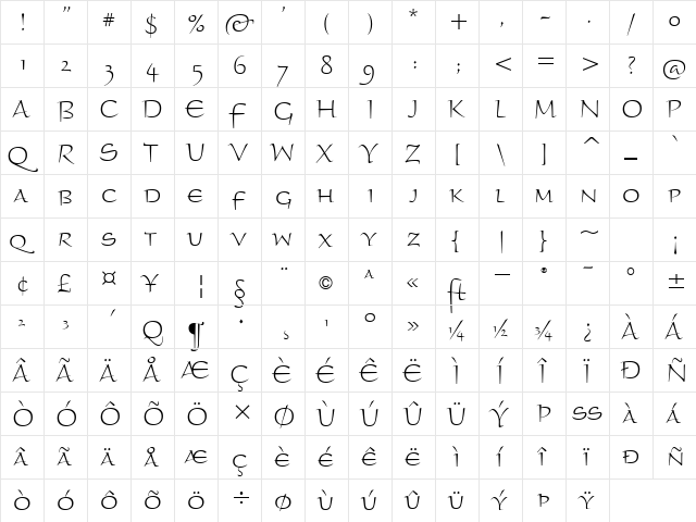 BraganzaLtSCITC TT Regular  glyph index