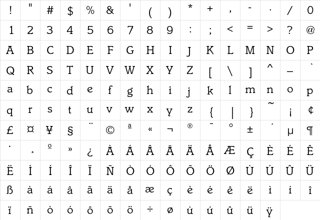ItaliaEF-Book Regular  glyph index