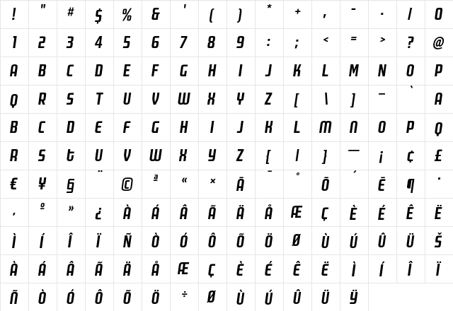 MorganPoster Bold Italic  glyph index