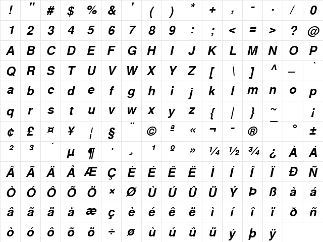 NimbusSanLUN Bold Italic  glyph index