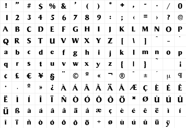 SigvarSerial-Xbold Regular  glyph index