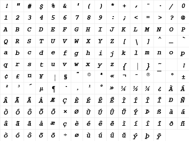 Dark Courier Bold Italic  glyph index