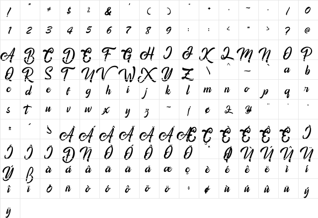 Amigos Regular  glyph index