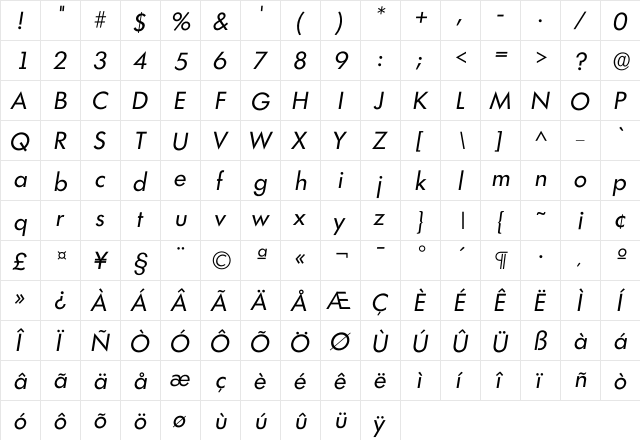 Ilimerick Regular  glyph index