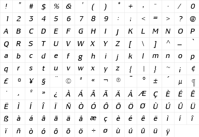 LesmoreBookItalic Roman  glyph index