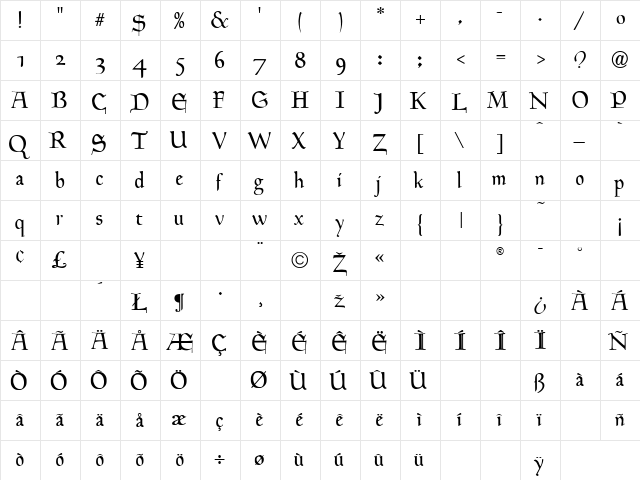 Hingham Text Normal  glyph index