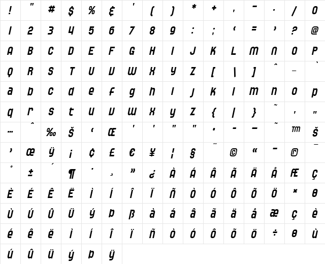 SF Speedwaystar Condensed Oblique  glyph index