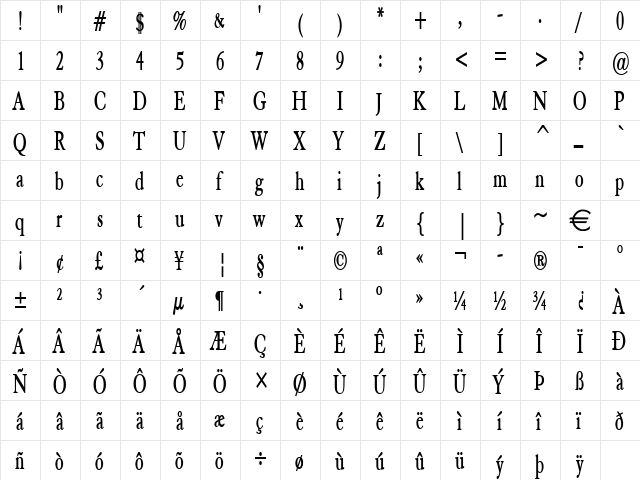 ElephantThin Bold  glyph index