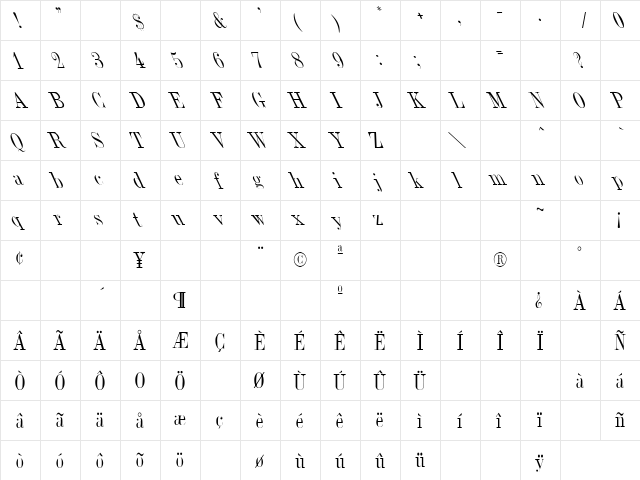 Dubiel ( Plain) Thin Lefty Regular  glyph index