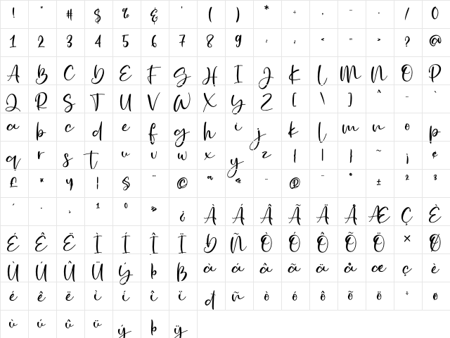 Golden Ballpoint Regular  glyph index