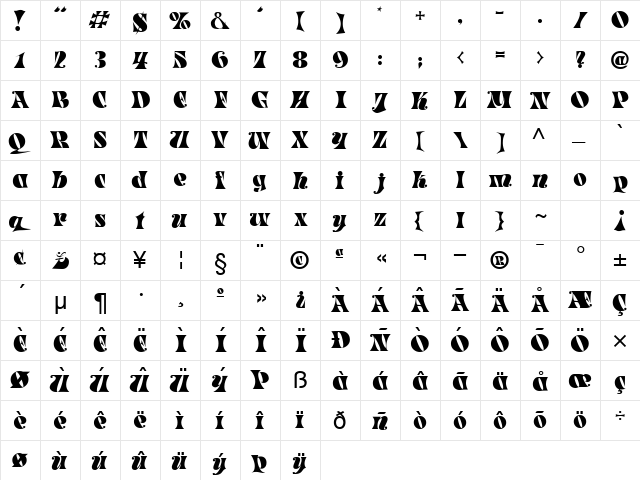 Treasure Regular  glyph index