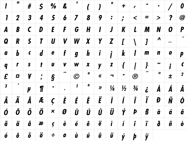Futura Bold Condensed Oblique  glyph index