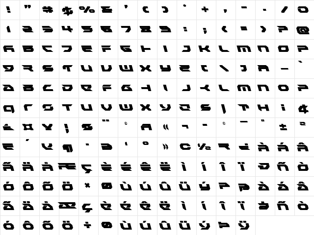 Royal Samurai Leftalic Italic  glyph index