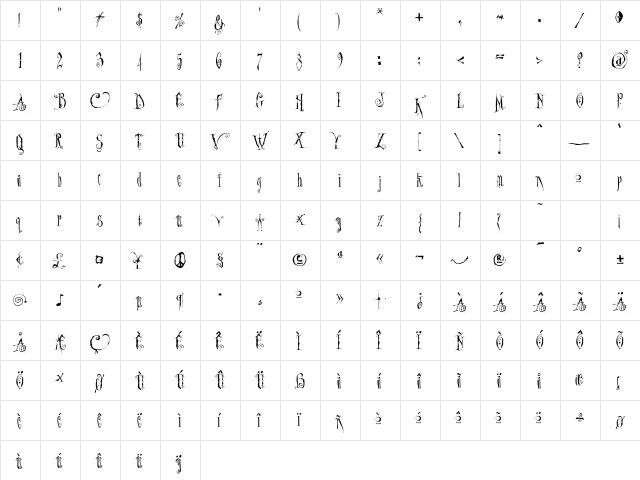 Dantes Inferno Regular  glyph index