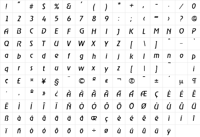 Ragtime-Serial DB RegularItalic  glyph index