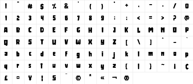 Blackhood Regular  glyph index
