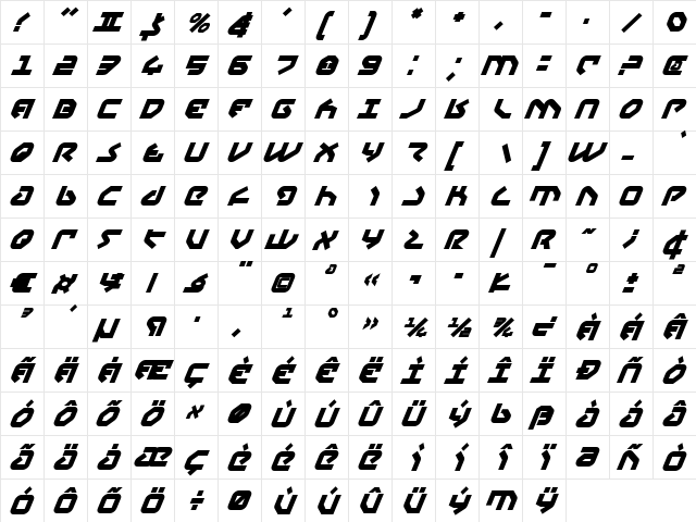 Yahren Bold Italic Bold Italic  glyph index