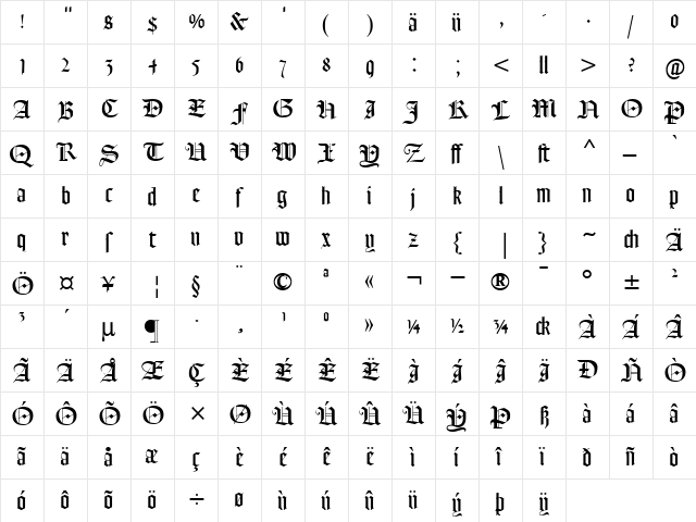GoudyTextMTDfr Roman  glyph index