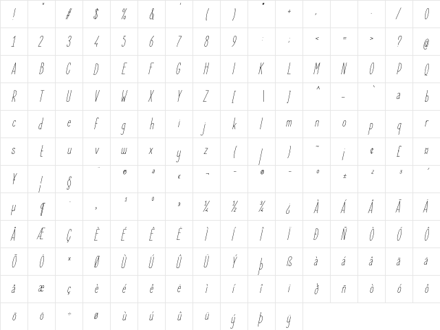 Elegant Sans Light Italic  glyph index