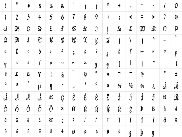 Dancer Regular  glyph index