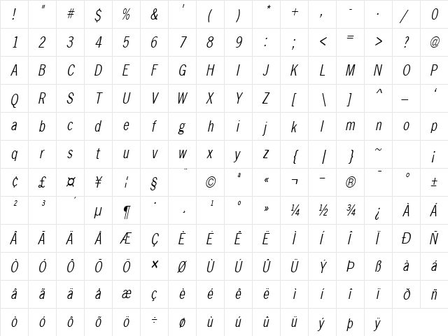 Matterhorn-Condensed Italic  glyph index