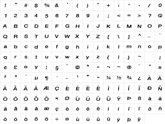 FontChordNew62 Regular  glyph index