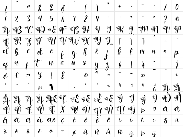 Art Valentine Regular  glyph index
