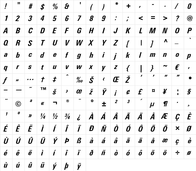 LTUnivers 721 CondHeavyIt  glyph index