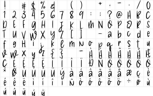 Cute Melody Regular  glyph index