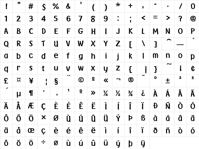 Fontoon Regular  glyph index