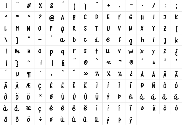 Quaderno Bianco Bold  glyph index