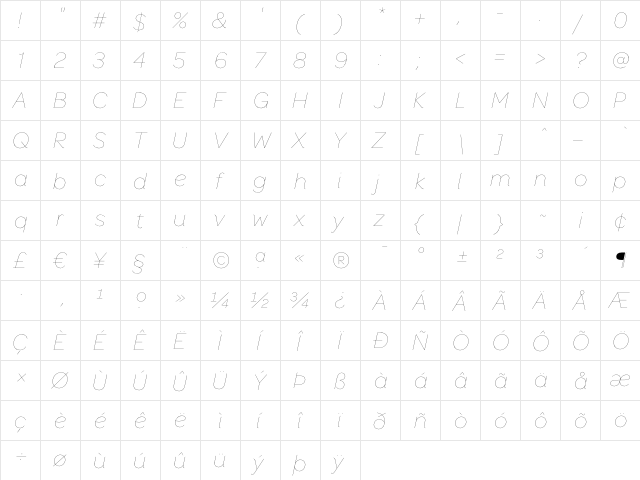 Omnes Hairline Italic  glyph index