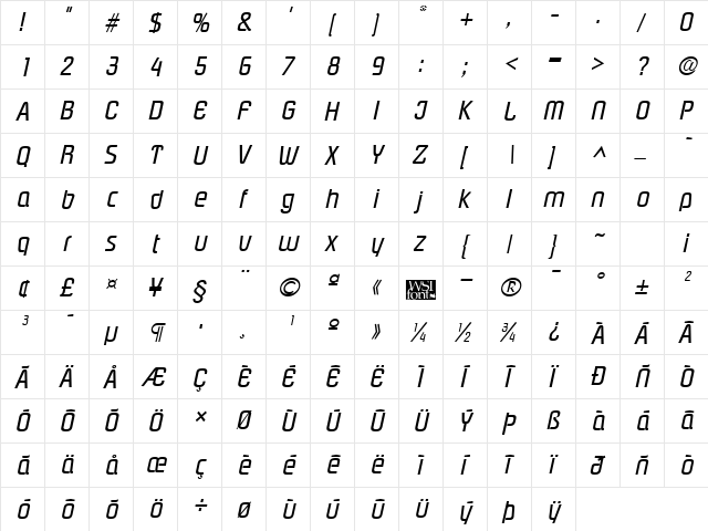 Plover Italic  glyph index