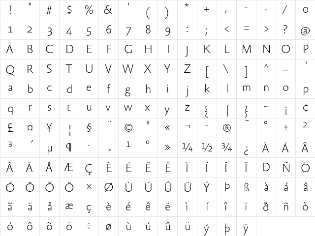 AbsaraSans-Thin Regular  glyph index