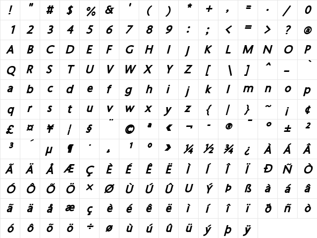 OskiWest Bold Italic  glyph index