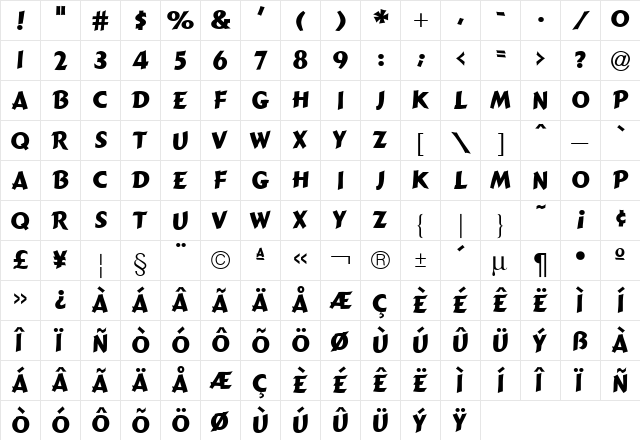 Cancun Regular  glyph index