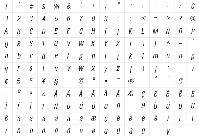 Helium Italic  glyph index