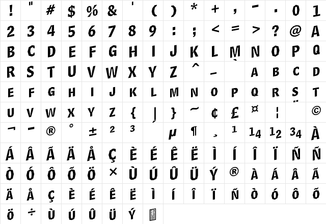 Delinquent Caps Skewd Regular  glyph index