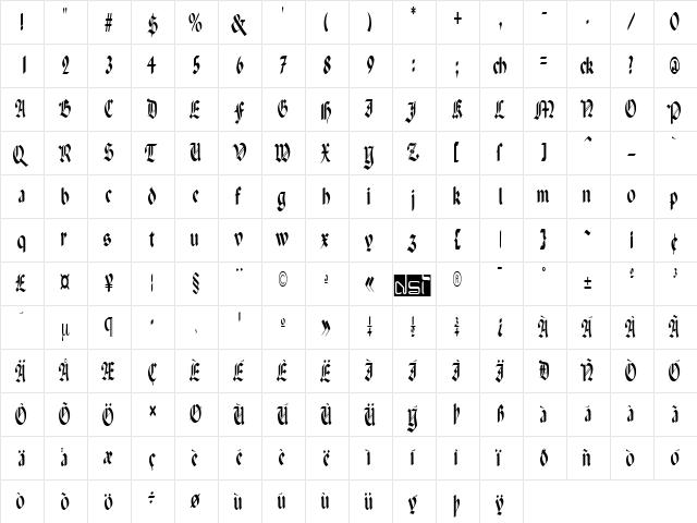 Paganini Narrow Regular  glyph index