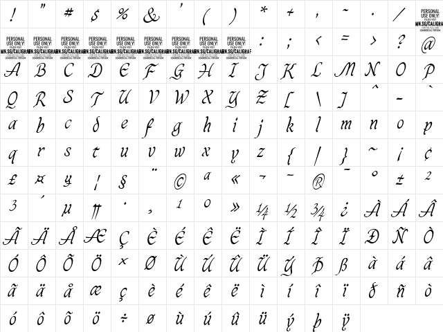 Caligraf Light PERSONAL USE Regular  glyph index