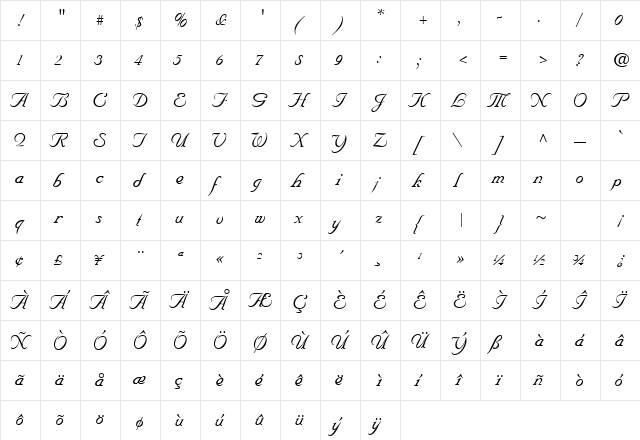 MarriageScript Normal  glyph index
