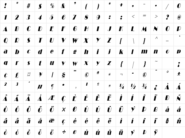Brando Condensed Italic  glyph index