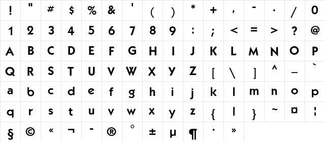 KabelC Book Bold  glyph index